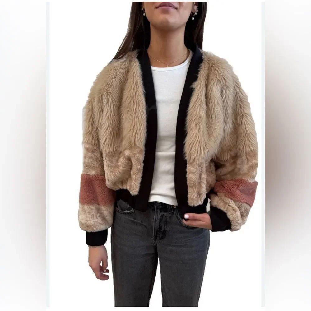 Young Fabulous & Broke Blush & Black Color block Faux Fur Bomber Jacket Coat S/M